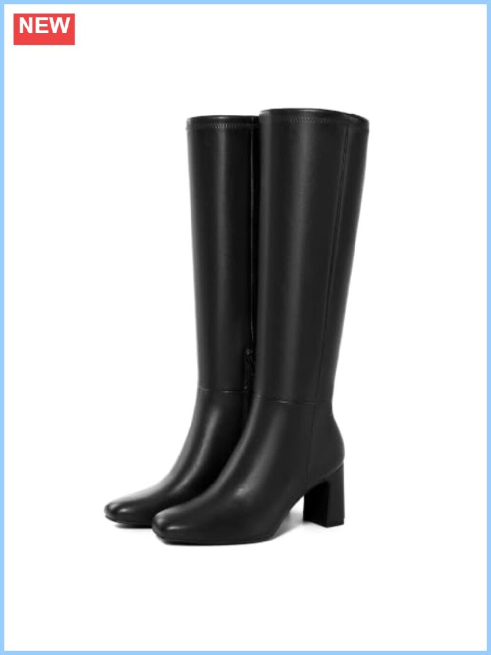 Faux Leather Knee High Boots Square Toe Block Heel Side Zip Wide Calf
